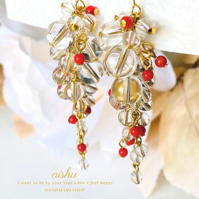 赤珊瑚ビーズのクリップオンピアス　シルバー 赤珊瑚ビーズのクリップオンピアス シルバー 赤珊瑚 爪留め ピアス