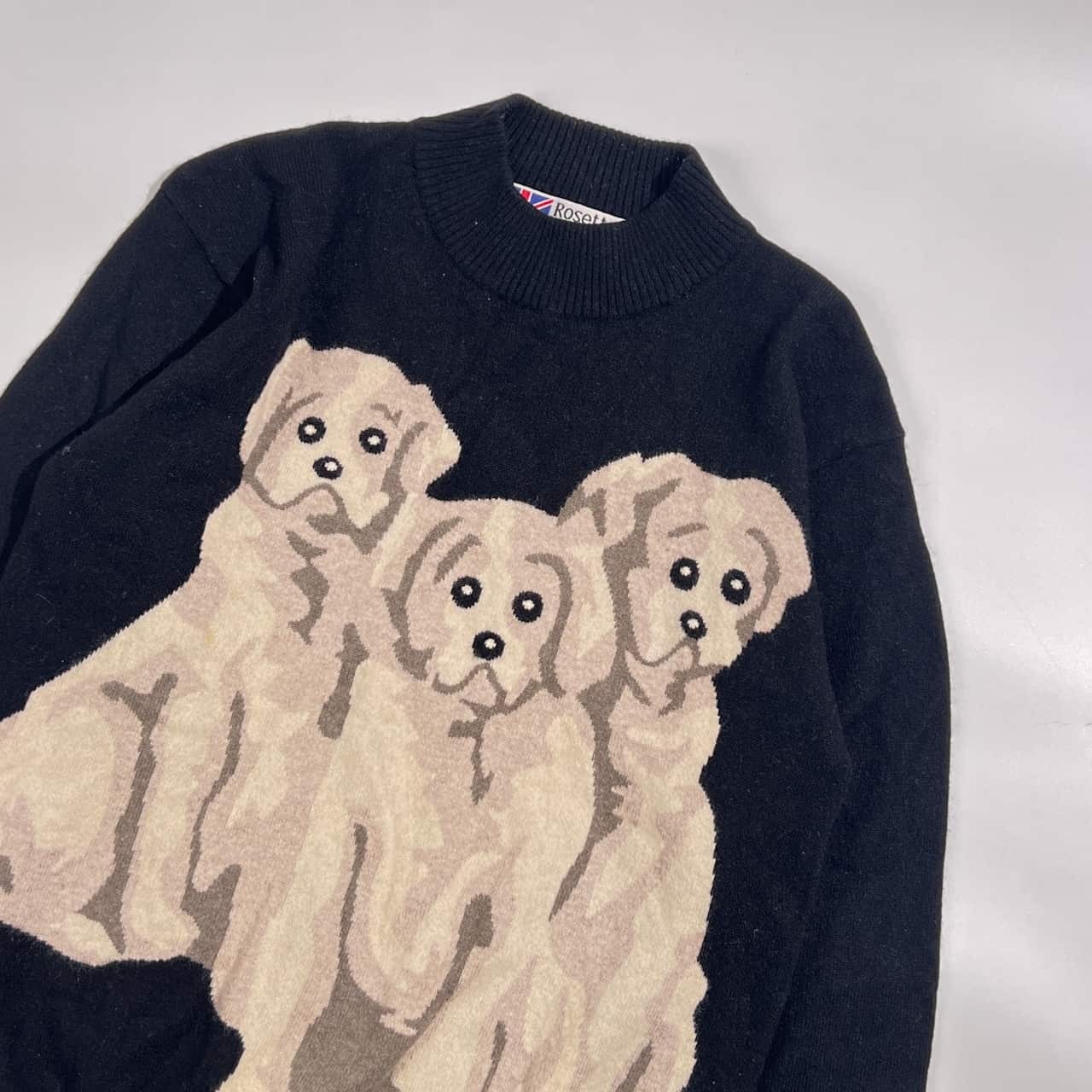 カシミヤ100% スコットランド製 Rosetta ロゼッタ 犬柄 アニマル デザイン ニット セーター M/ブラック レディース