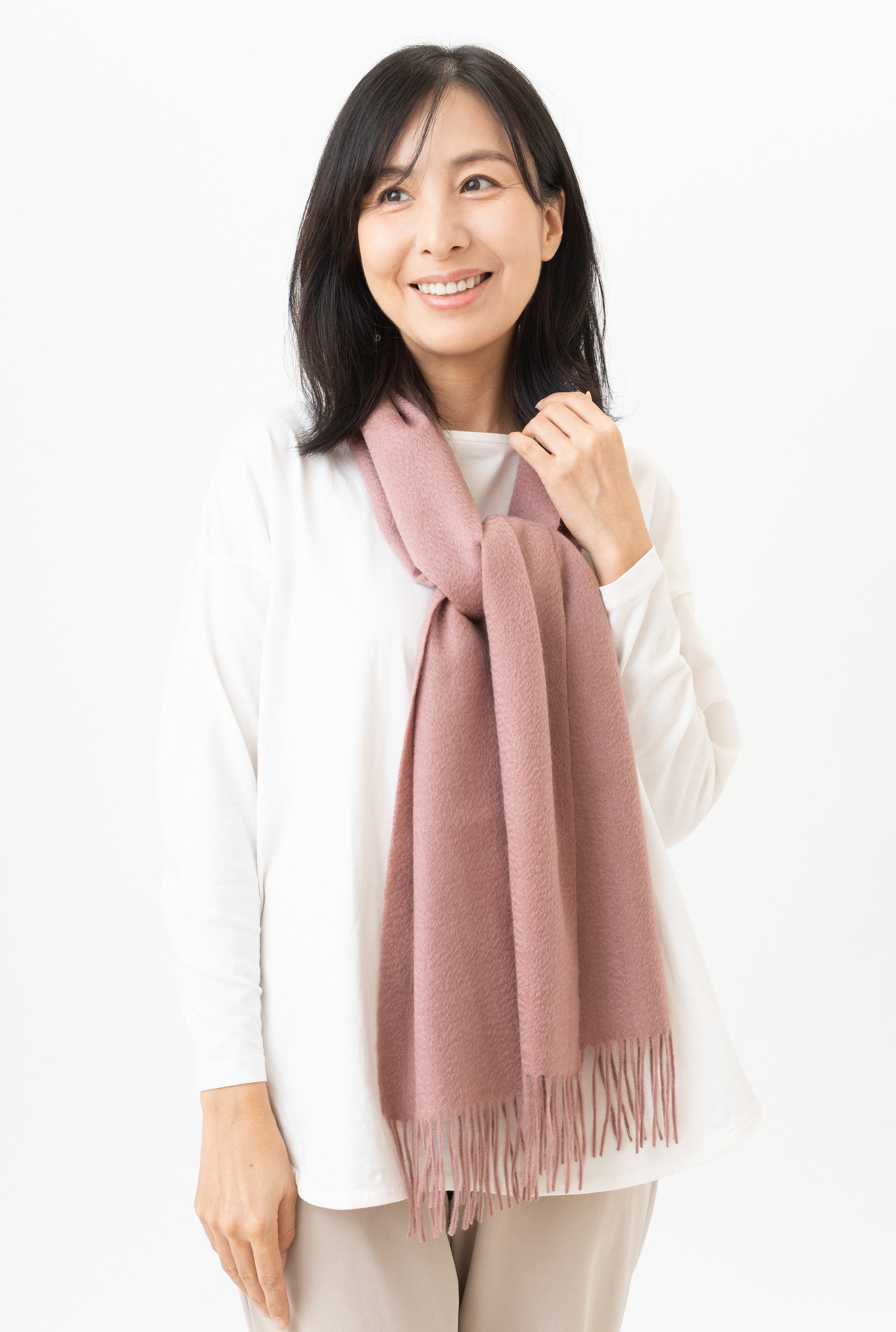 カシミヤ100%レギュラーマフラー Hirano - ヒラノ/ダスティピンク 幅30cm×縦164cm(本体部分)+8cm×2(房部分)