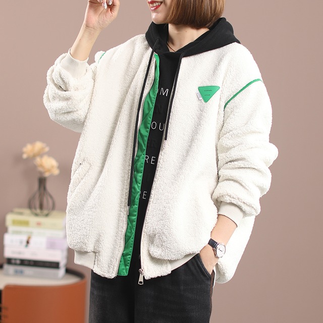 ボアジャケット アウター ノーカラー 長袖 ボア 無地 ロゴ ジッパー シンプル 秋冬 あったかい 防寒 ホワイト カジュアル レジャー アウトドア お出かけ OU-004YK