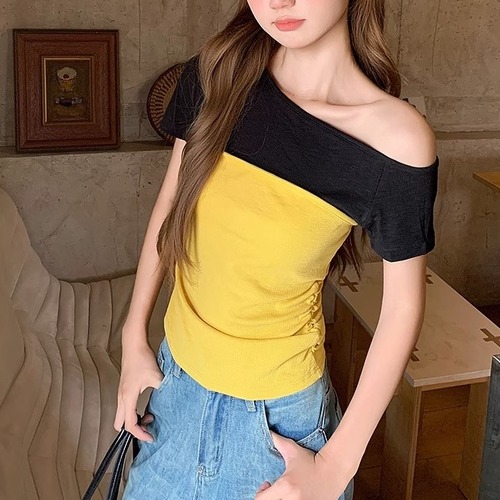 2色／アシメショルダーバイカラートップス ・11665