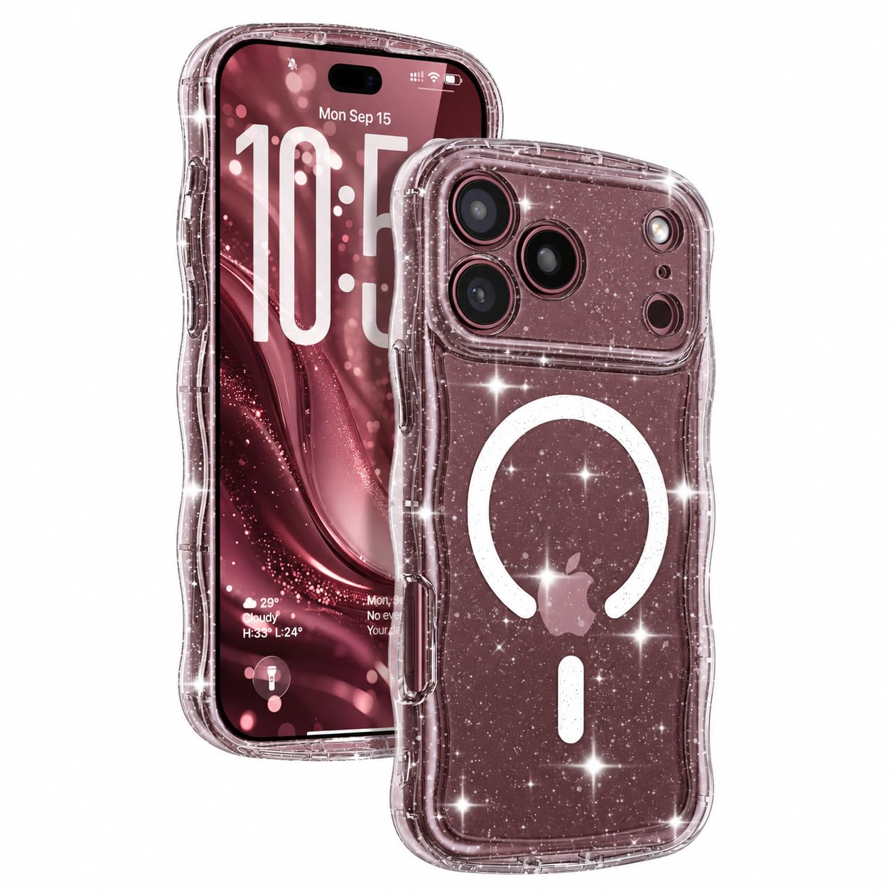 DOMAVER iPhone 18 Pro ケース MagSafe対応 波形 レンズ保護 ラメ入り 薄型 黄変防止 6.3" クリア