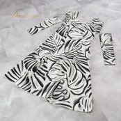 フラダンス 衣装 ワンピース ドレス ホワイト系 モンステラ柄 植物柄 ハワイアンプリント ハワイアン アロハ フラ ダンス レッスン 練習 フリル 付け袖 袖付き セット ブラック系 白 黒 華やか かわいい おしゃれ 上品 大人っぽい モノトーン フラダンス レッスン用ドレス エレガント ふんわり おしゃれ着