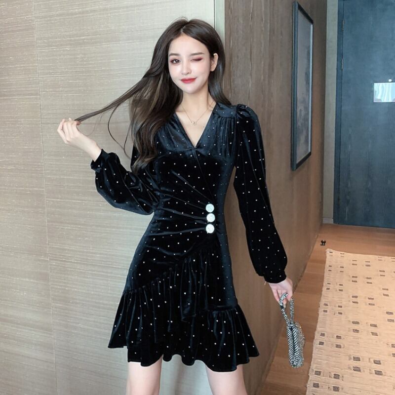 スプリングスタイルブラック薄手ドレス 春物 スカート ハンチェンe44822901544