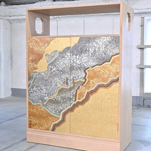 最高級 松創 180万 米谷旭秋 着物箪笥 すかし絵 総桐衣裳箪笥 金箔石山切 日本画家 タンス 収納 絵 和室 ジャパニーズモダン【中古家具/中古インテリア/USED家具ユーズド家具/リサイクル】
