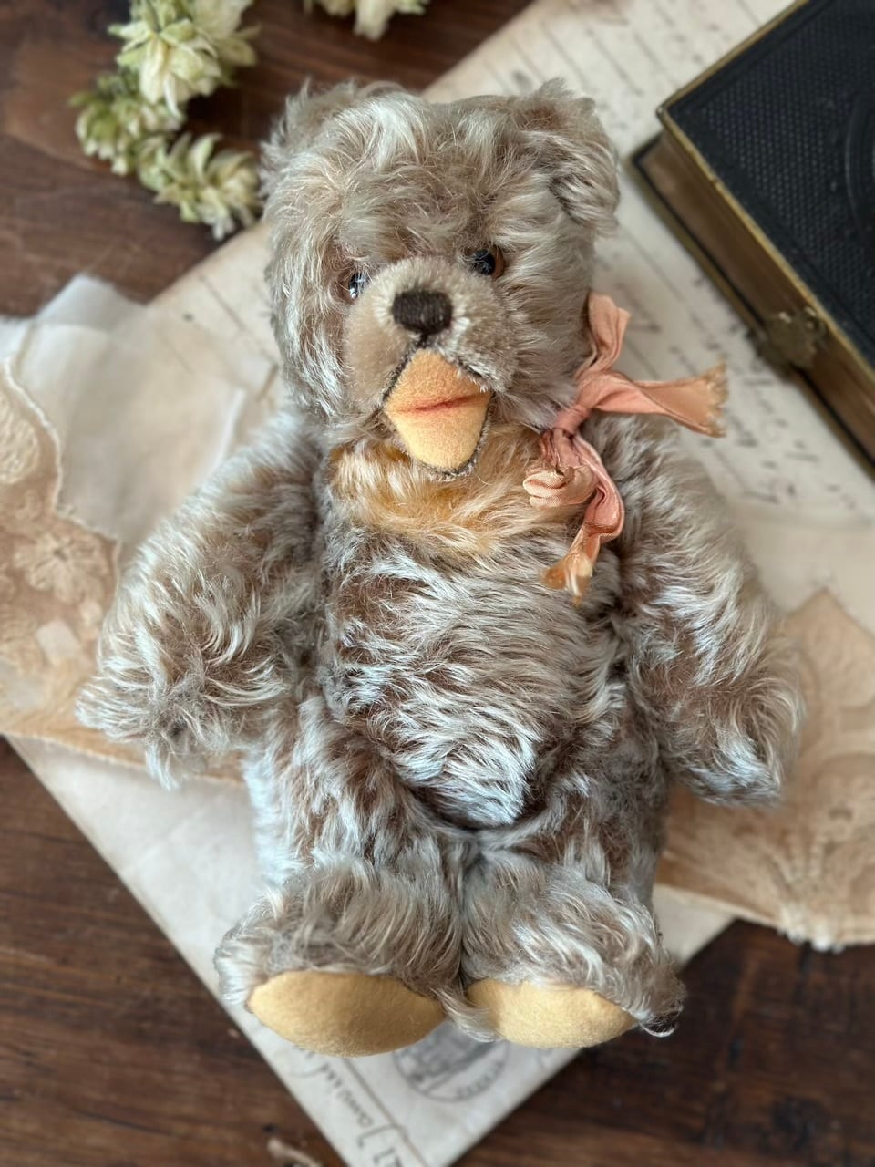 ピンクリボンのオープンマウスベア くま ぬいぐるみ | Brocante de La