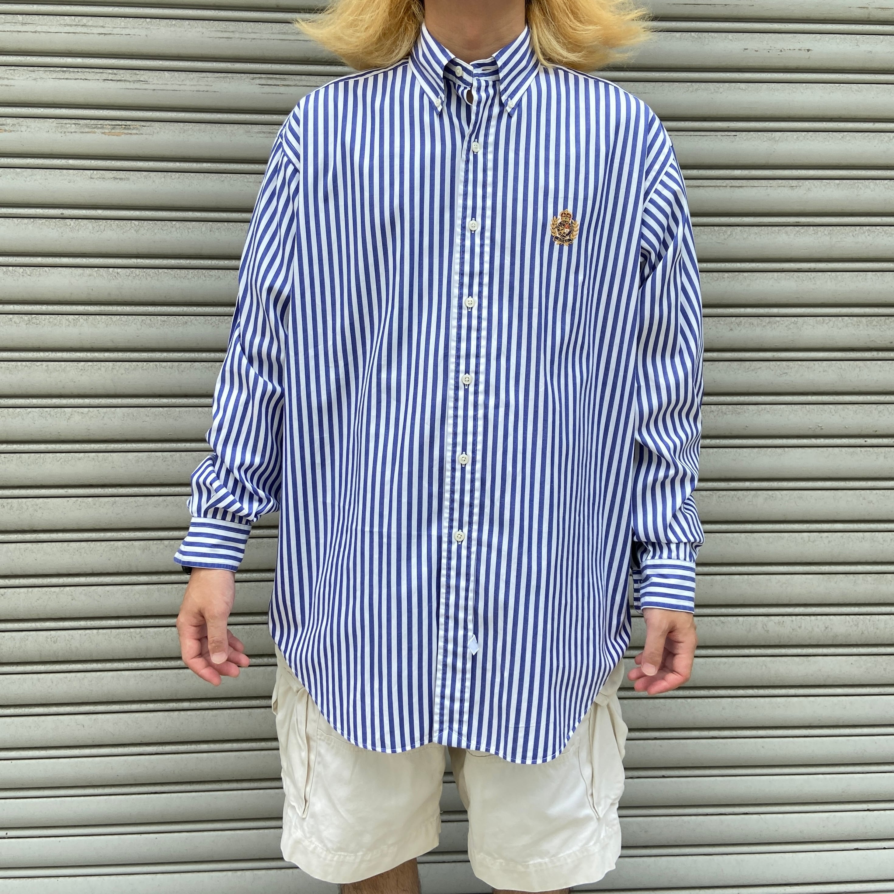 Ralph Lauren ストライプ柄ボタンダウン長袖シャツ ブルー M | 古着屋 Uan