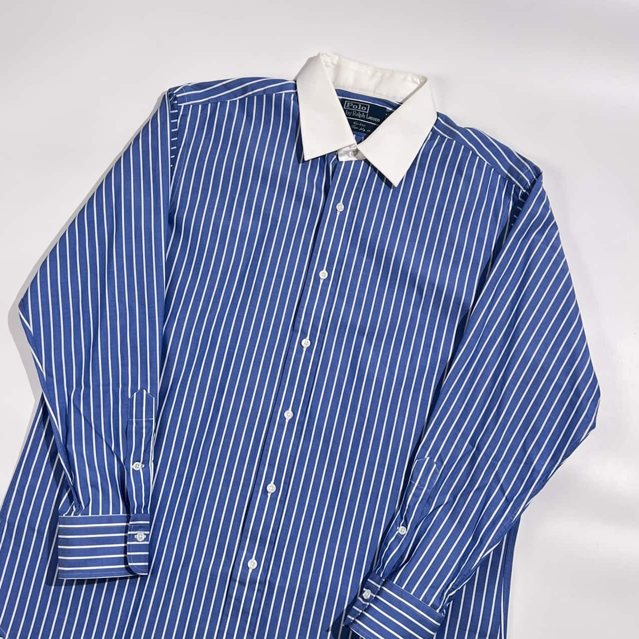 90s Polo by Ralph Lauren ポロ ラルフローレン Fine Two-ply 100's ストライプ 長袖 クレリックシャツ ワイシャツ サイズ 42-84/ブルー×ホワイト メンズ ビンテージ