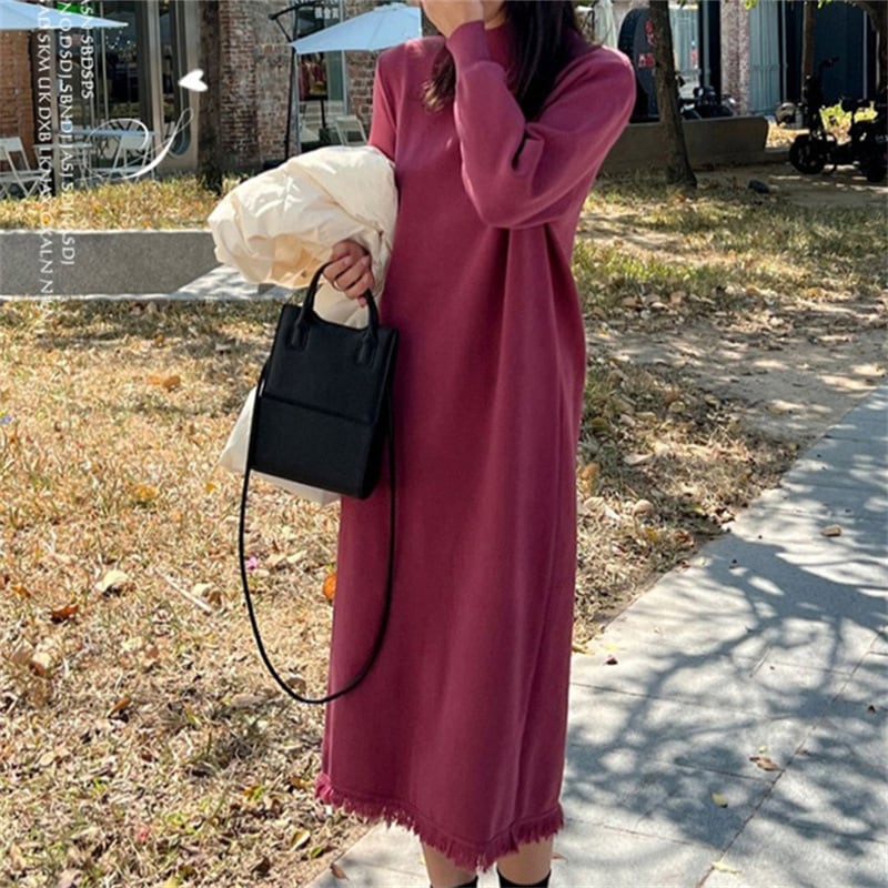 140cm〜 ゆったりフリンジニットワンピース