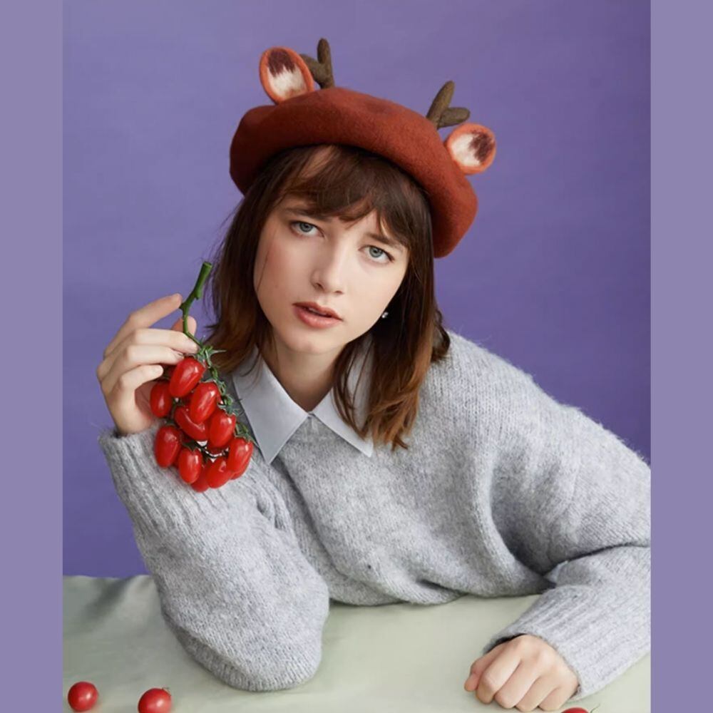 バンビの耳とツノウールフェルトベレー帽 【大人用&キッズ】 E00268