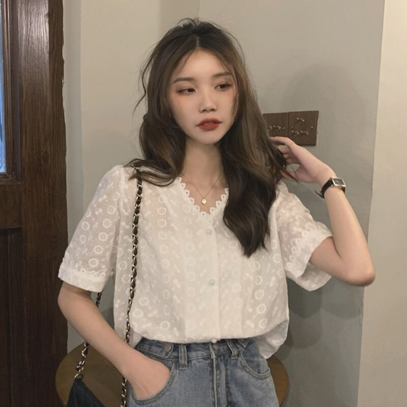 レースブラウス サマースタイルVネックシャツ 夏物 YY-ファッション10267334742