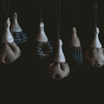 miss platicca 「Pörtrait」#68 OPERA LENGTH NECKLACE OF TWO WHITE GLAZED HARF PORCELAIN WITH OLD CLOTH. 布と陶磁器のオペラレングス・ネックレス (minimal)