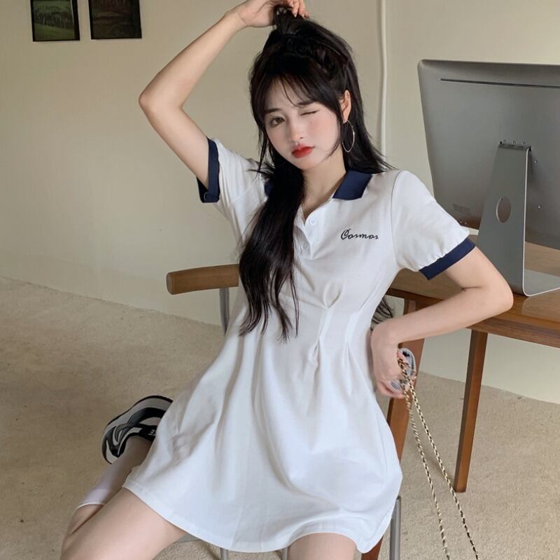 サマースタイルカラー半袖スリーブドレス ウェストスリムスカート ショート ハーフスリーブ 夏物 YY-ファッション34951358578