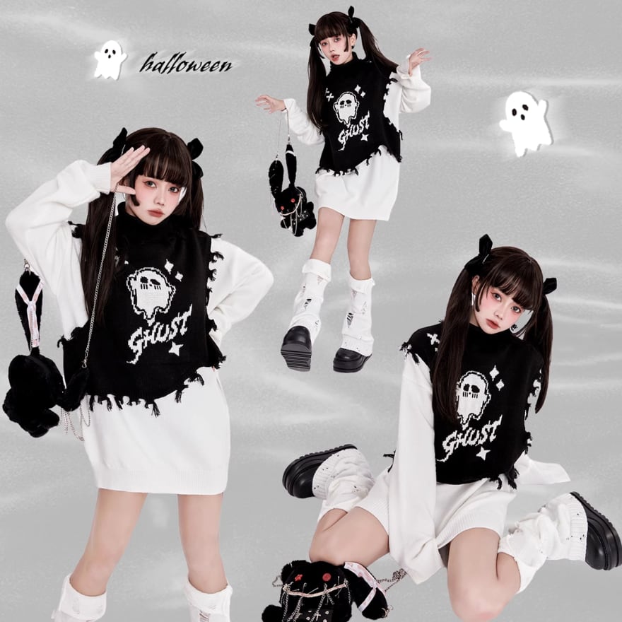 サブカル 服 地雷系 通販 セットアップ ベスト スエット おばけ クラッシュダメージ 闇かわいい バンギャ