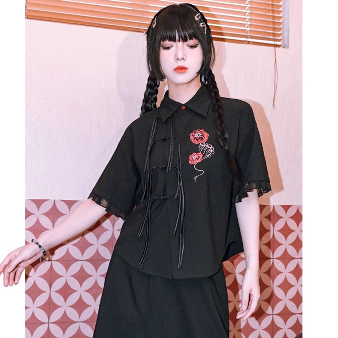 レディース 半袖 ブラウス 中国風 花柄刺繍 S M L 黒 ブラック AS11332 