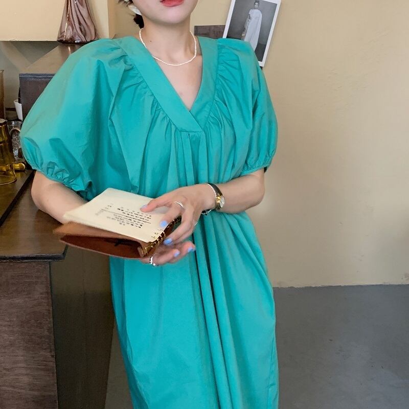 ドレス サマースタイルVネックスリーブルーズ薄手ソリッド カラー 夏物 ソリッドカラー ビッグFスモールZ韓国98985553289