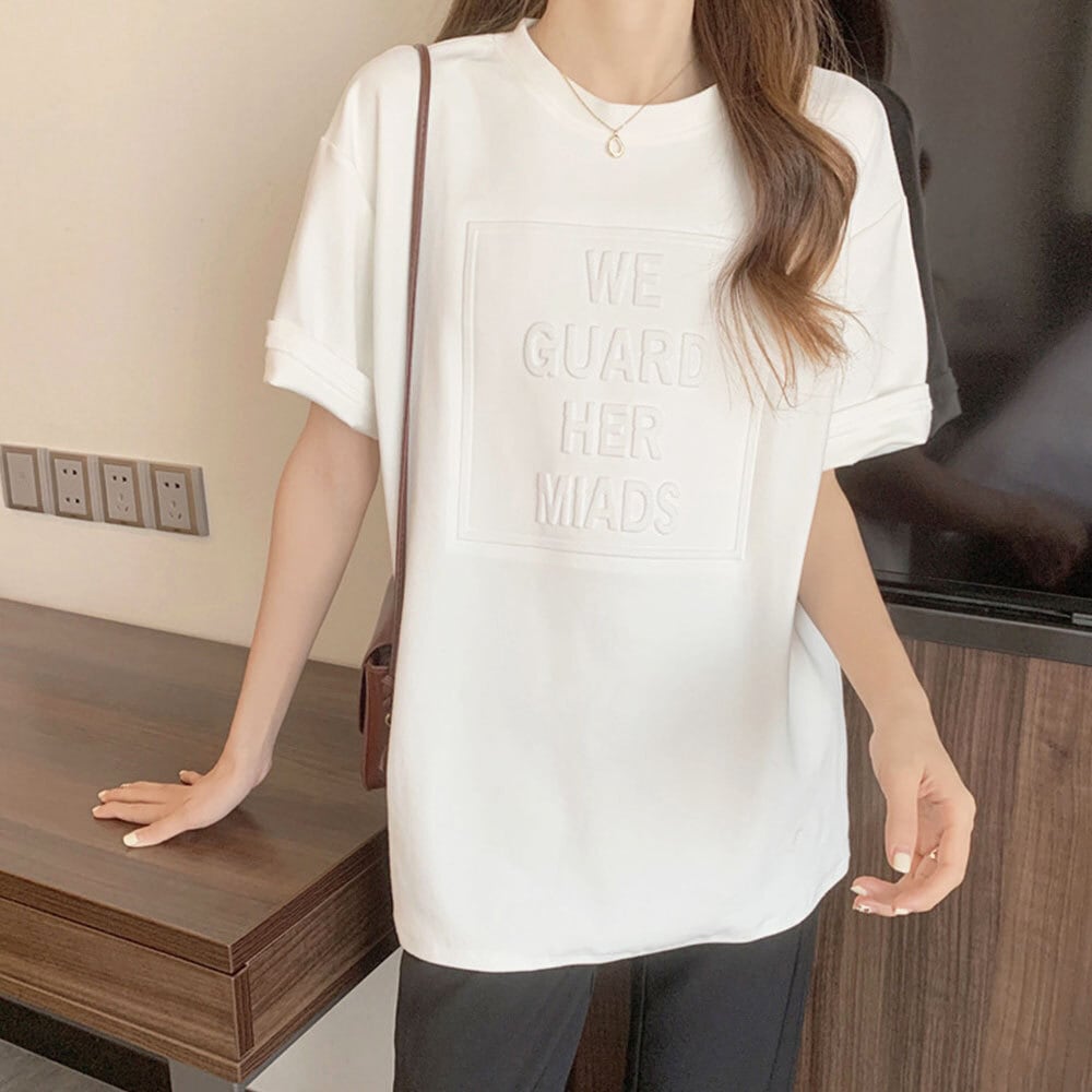 プリントロゴ Tシャツ 半袖 レディース 春夏秋 韓国 エンボス加工