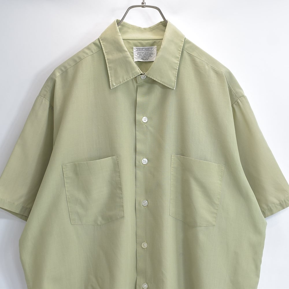 60s 70s PENN-PREST ペンプレスト 半袖 シャツ ポリコットン 両胸ポケット レギュラーカラー 無地 J.C.Penney アメカジ くすみグリーン USED ヴィンテージ ビンテージ 古着 メンズ XLサイズ相当