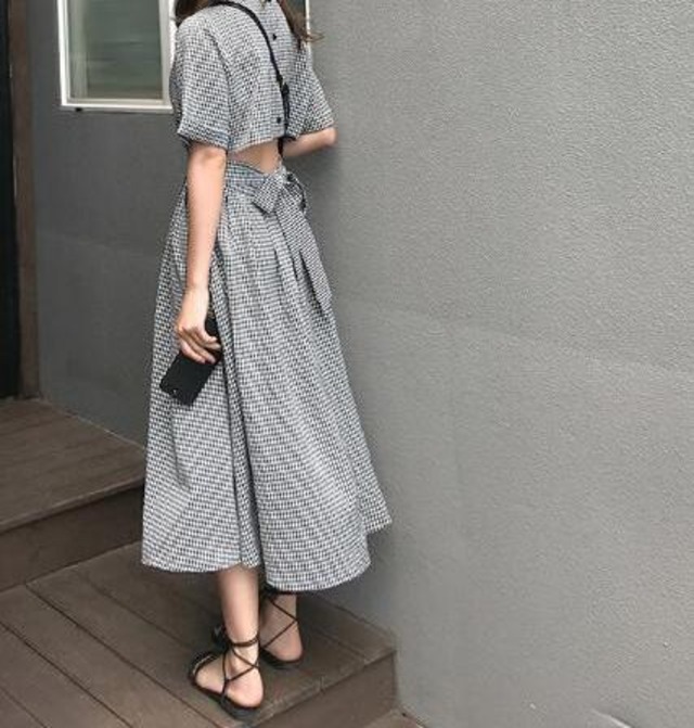 即納 フェミニン 背中あき ギンガムチェック ワンピース Fashion