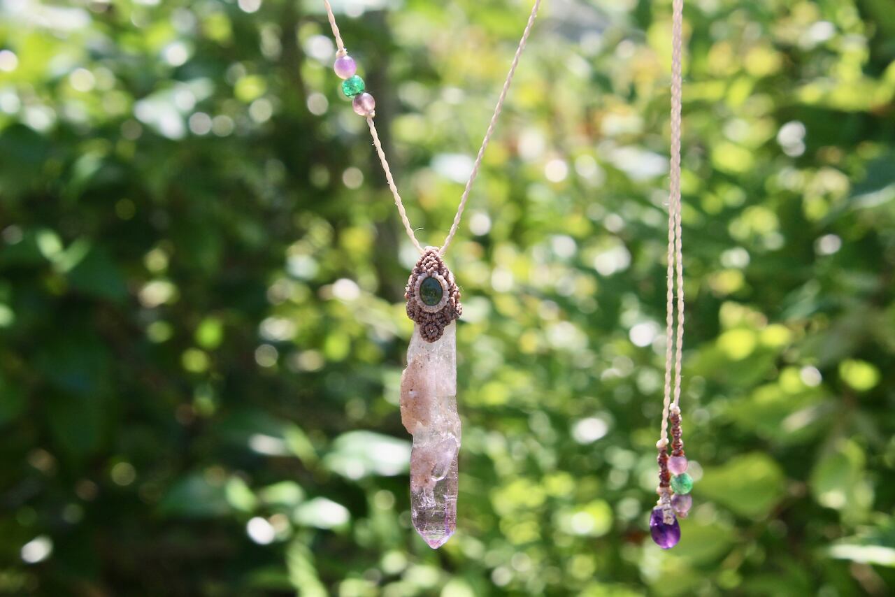 Amethyst point & Chrome Tourmaline  micro macrame pendant