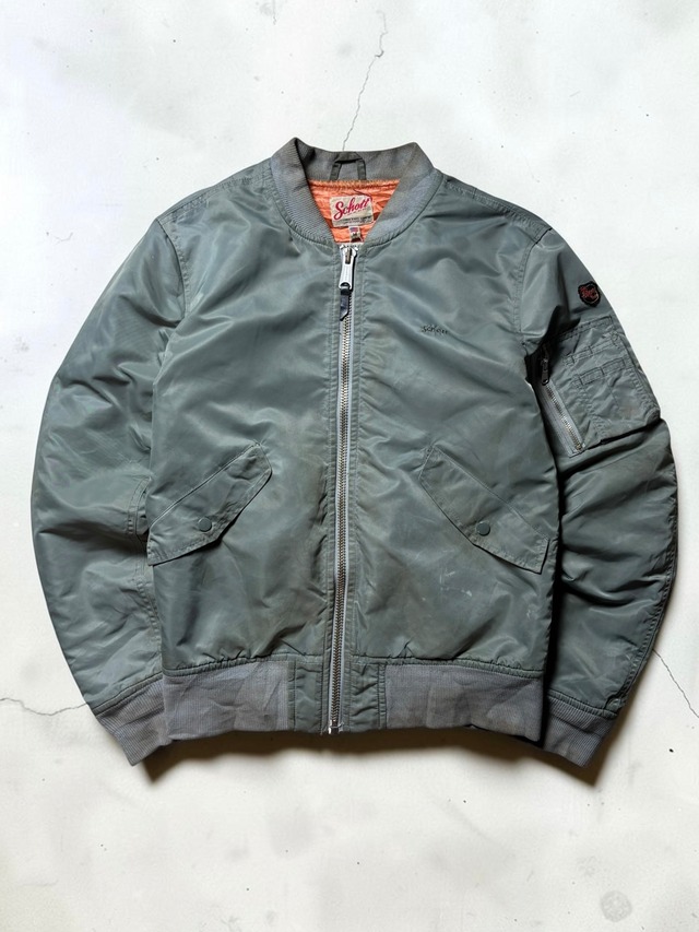 90s Schott Sage Green MA-1 Nylon Flight Jacket with Orange Lining