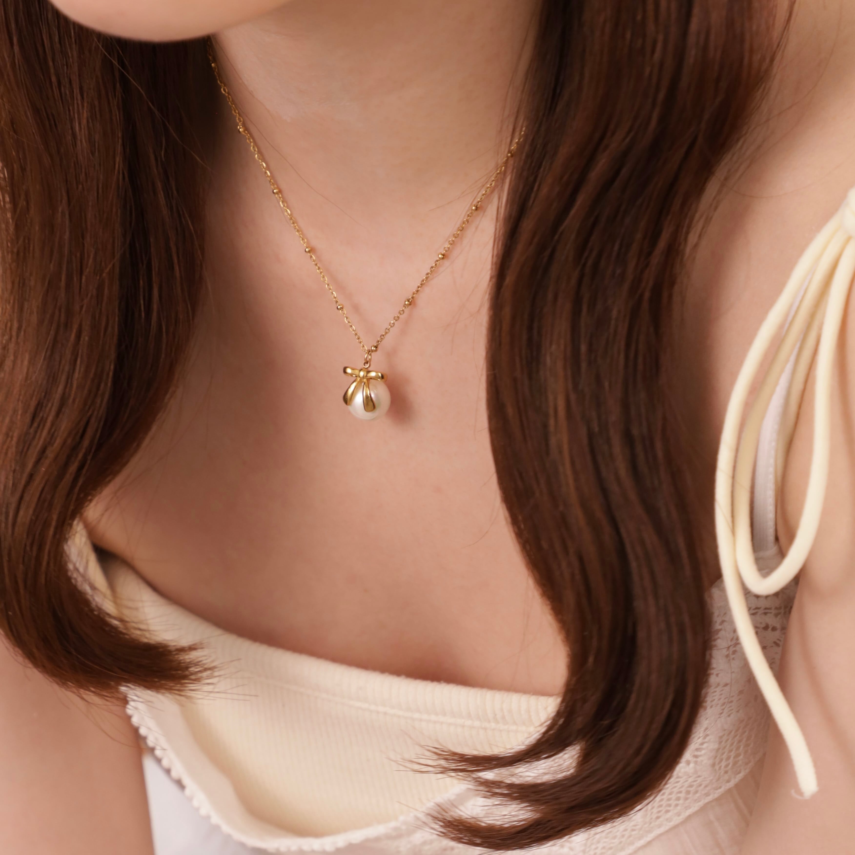 316L pearl&ribbon necklace #n43 | apire
