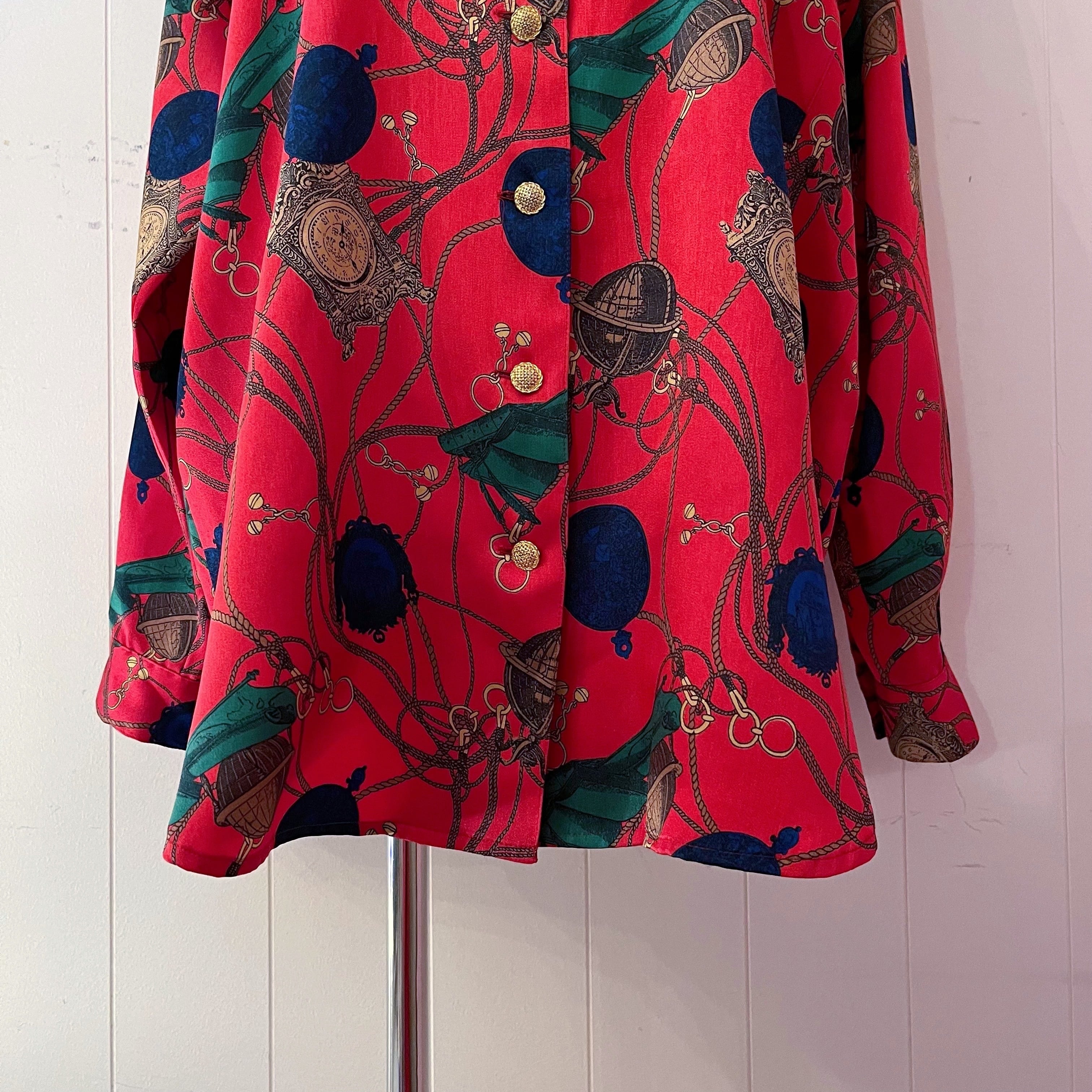 clock and globe red satin blouse