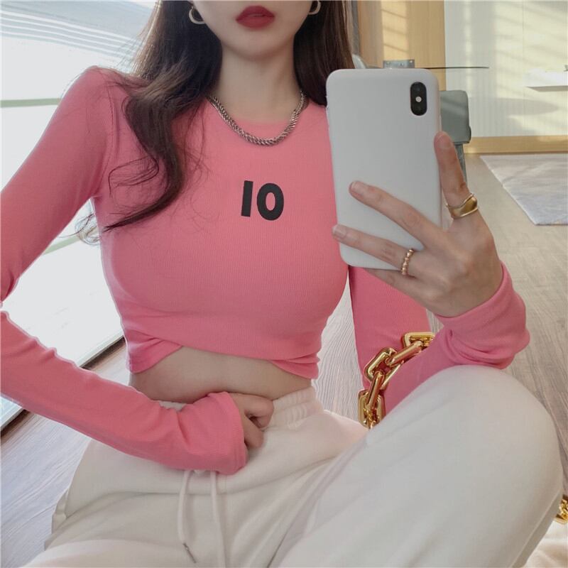 Tシャツレディースショートスリムフィットインナーボトミングシャツ2020秋冬新作ピンク長袖タイトセクシーウエスタンスタイルトップス ブラックストロベリース99446585298