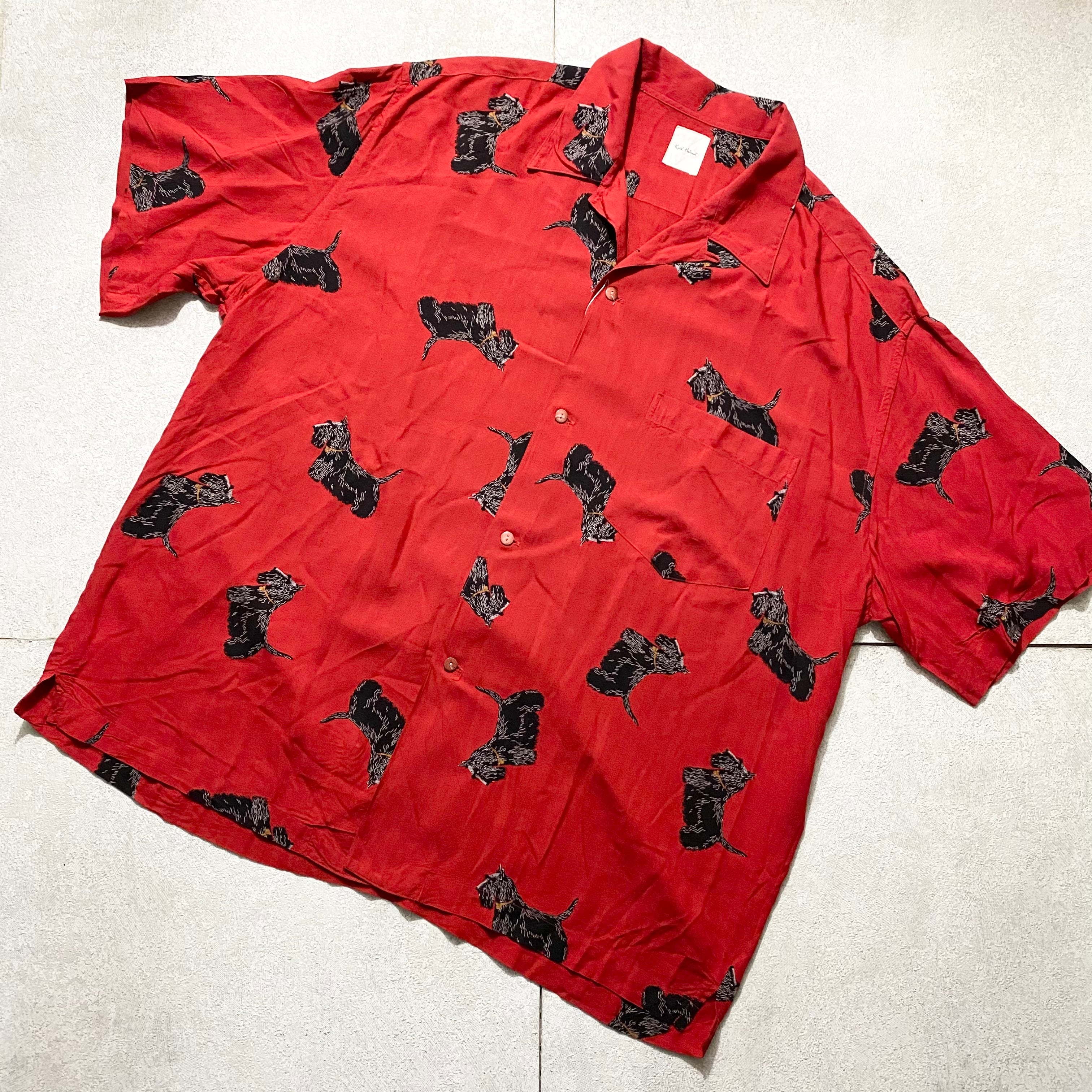 KARL HELMUT dog print red color rayon open collar shirt | NOIR ONLINE