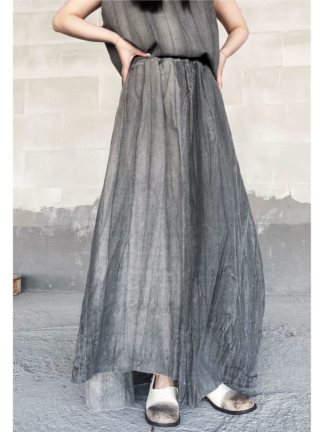 Grey distressed cotton linen loose irregular skirt [T2906]