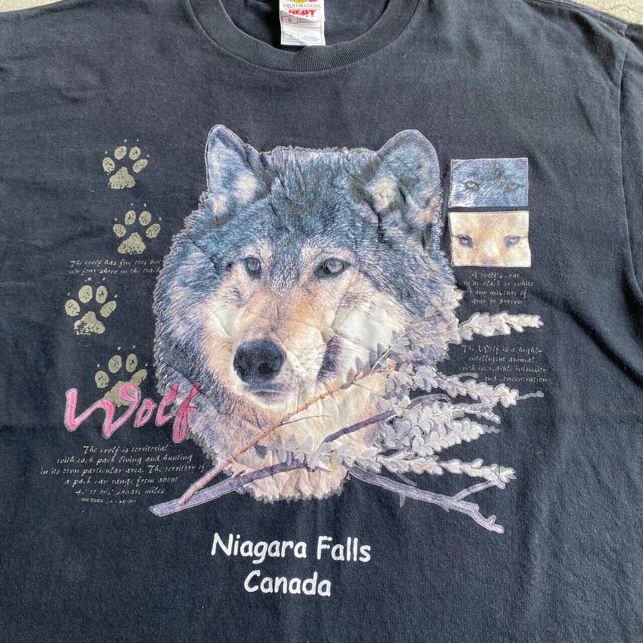 NIAGARA FALLS CANADA オオカミ アニマル プリントTシャツ メンズL 古着 動物 狼 ブラック 黒  【Tシャツ】【SA2204】【SS2207】 | cave 古着屋【公式】古着通販サイト