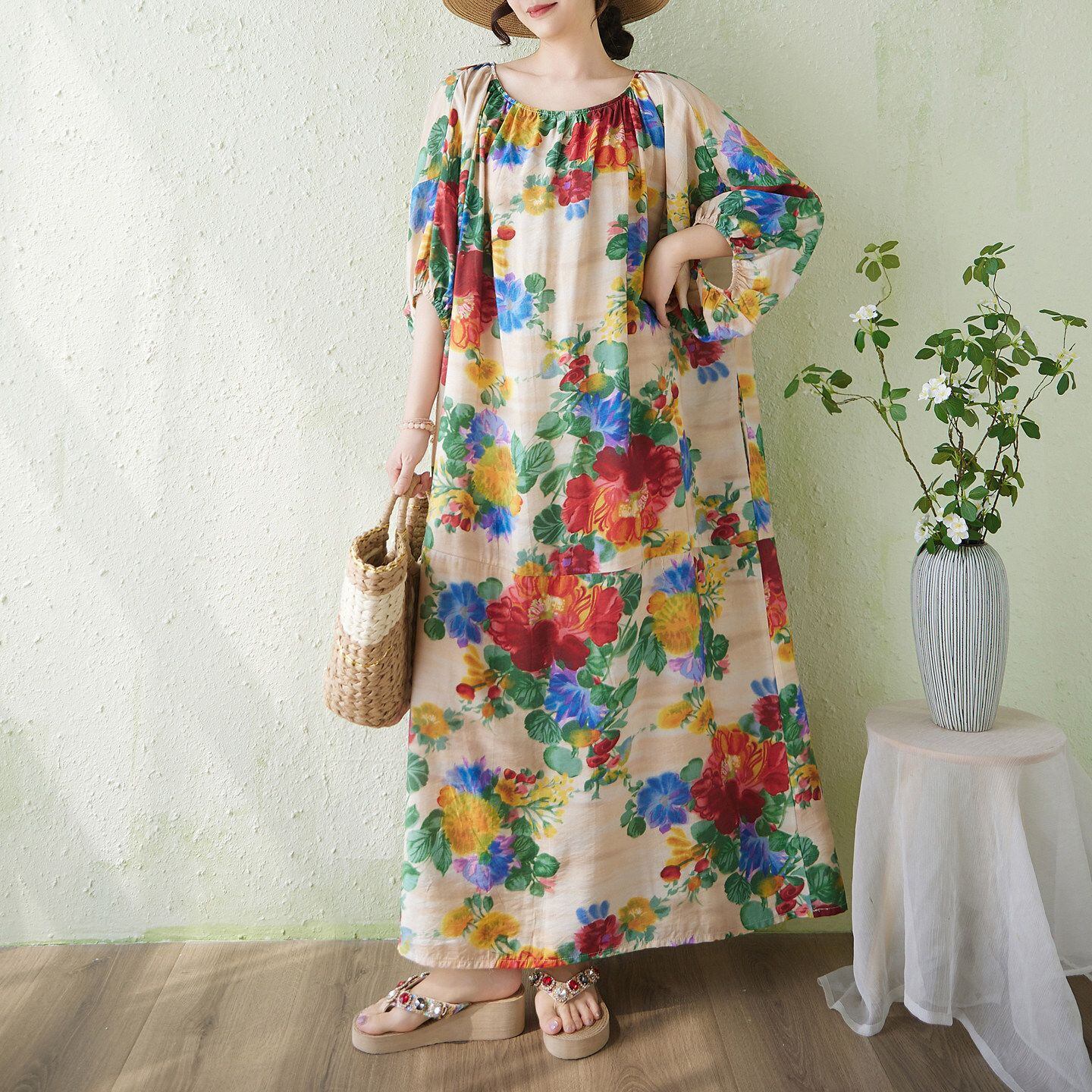 FLORAL PRINT GATHERED LONG SLEEVE MAXI DRESS M-17667