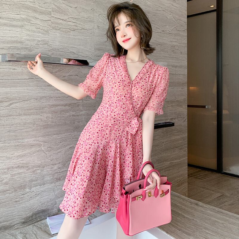 Vネックレースウェストプリントドレス サマー 夏物 MIUCO81669713808