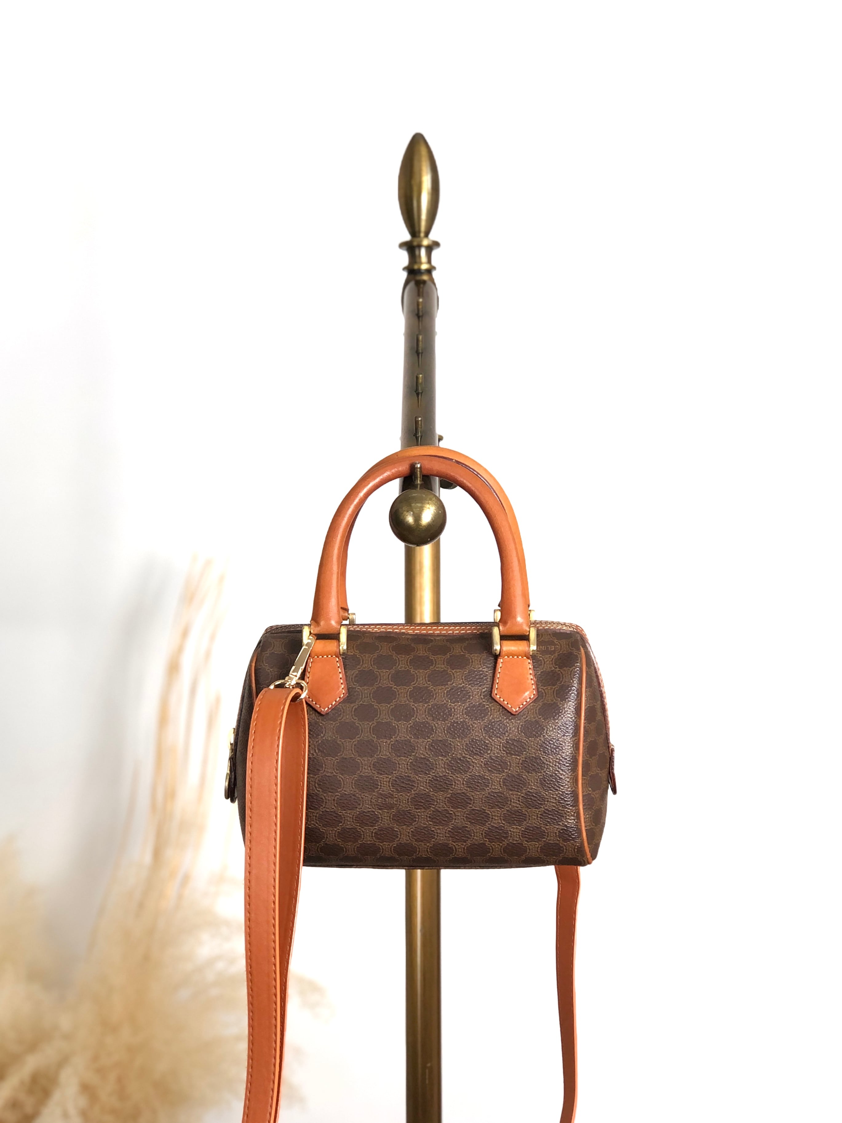 CELINE セリーヌ マカダム ショルダーバッグ ブラウン ブラゾン型押し PVC ミニボストン vintage ヴィンテージ オールド 8ugiwc