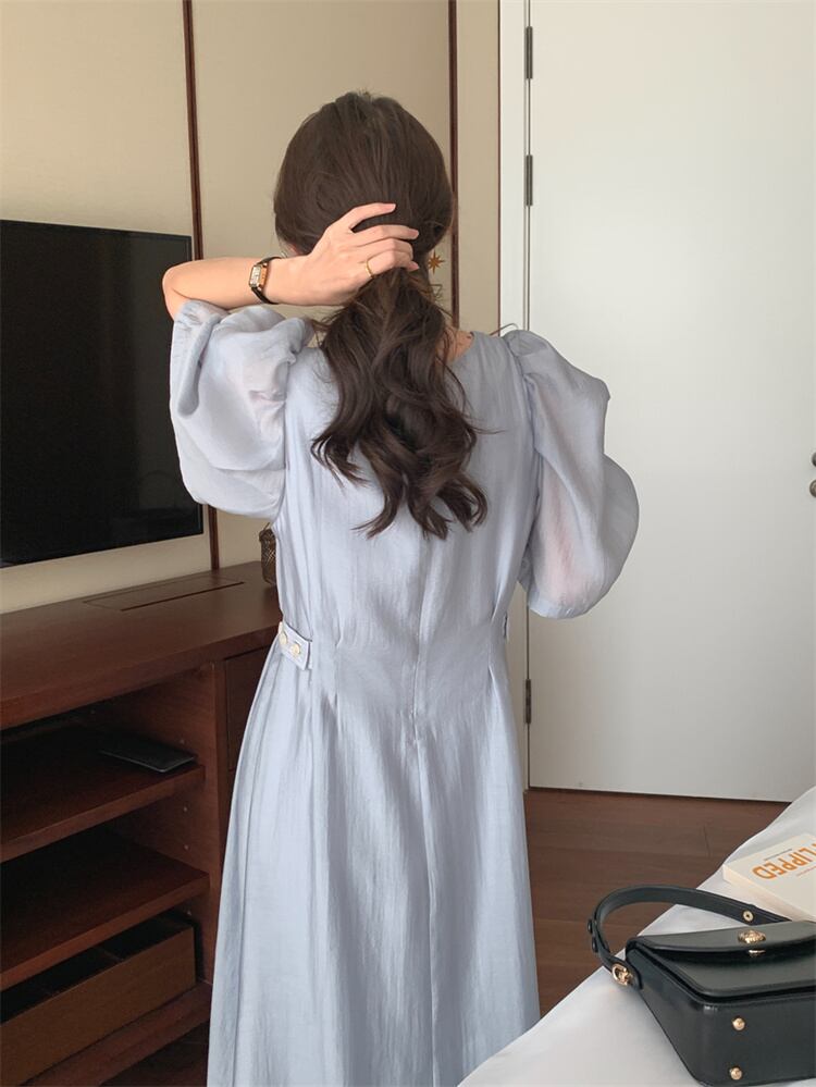 気持ちいい布地 スクエアネック ロングスカート パフスリーブ 受け取って腰 スリム ミニマリスト