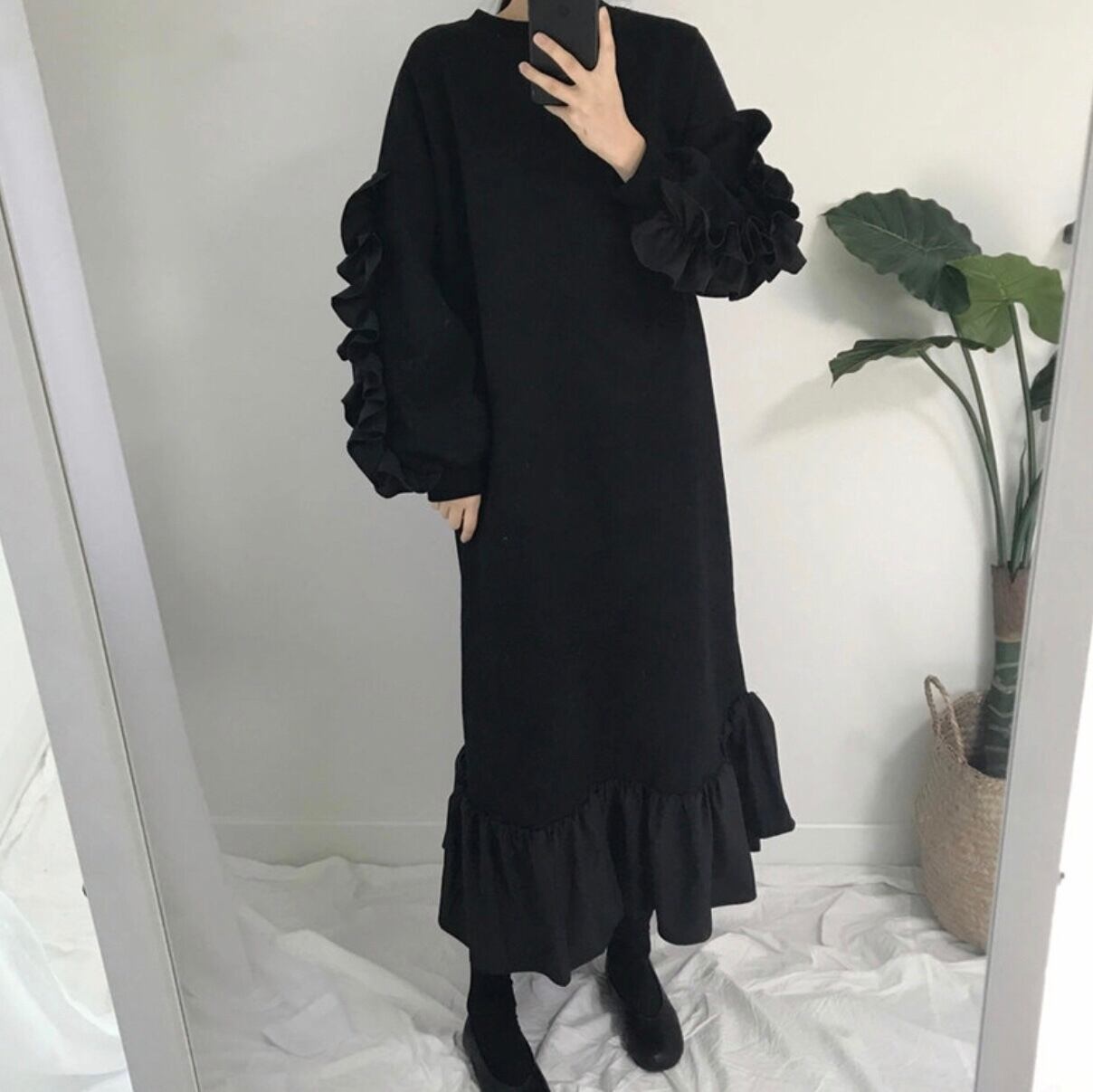 ウールフリルスリーブ ロングワンピース 9style