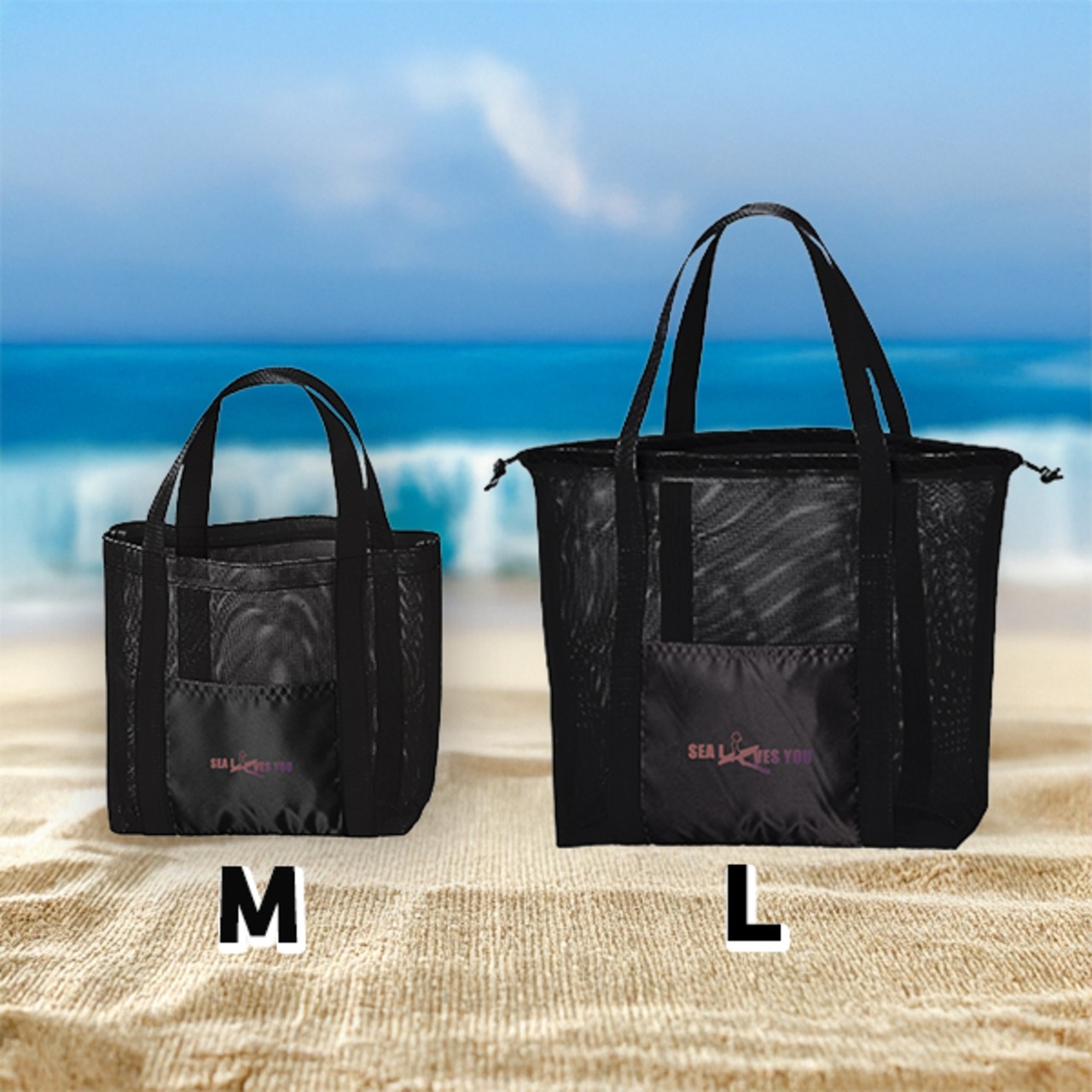 SEA LOVES YOU ロゴ-メッシュライントート(L/ブラック) - 3