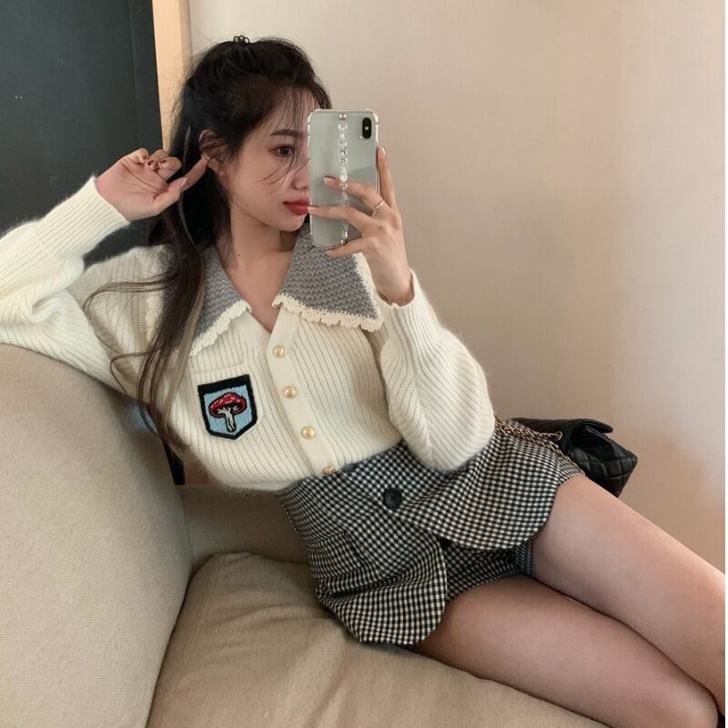 秋のスーツ2020新しい女性の柔らかいワックス状のセーターニットセーター格子縞のストレートショーツ洋風ツーピーススーツ ドラファッションホール58878116386