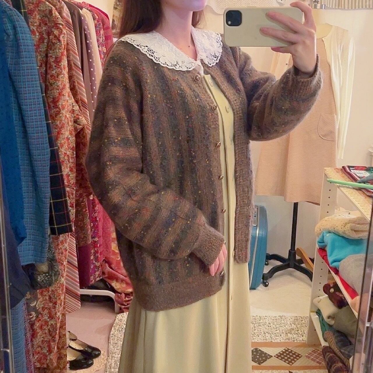 brown fancy yarn knit cardigan