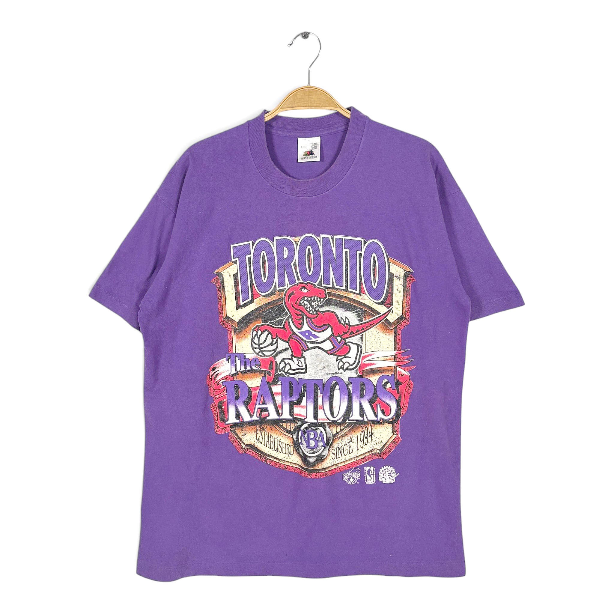 90s トロントラプターズ カナダ製 ヴィンテージ Tシャツ NBA バスケ パープル シングルステッチ TORONTO RAPTORS サイズL 古着 BZ0561