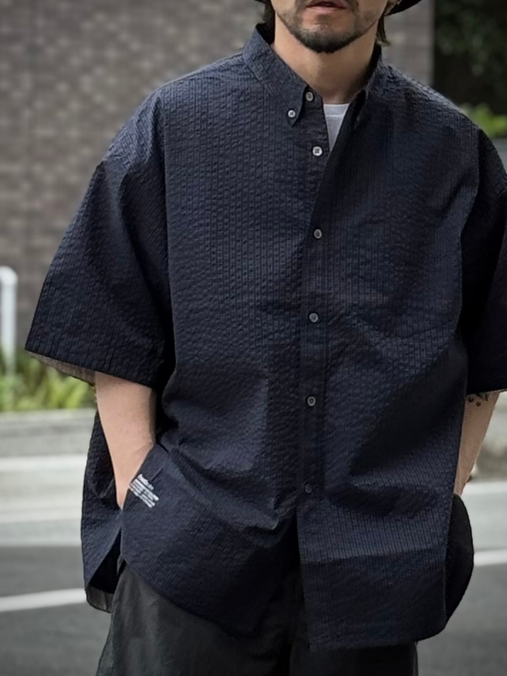 FreshService SEERSUCKER S/S B.D SHIRT (navy × black) フレッシュ