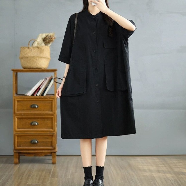 SOLID STAND COLLAR WIDE MIDI DESIGN SHIRT DRESS 3colors M-14111
