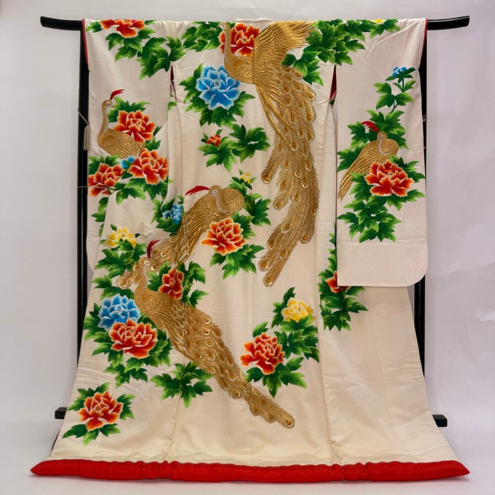色打掛 正絹 鶴 刺繍 白 打掛 花嫁衣裳 ポリエステル リサイクル 中古 ブライダル ウエディング 着物 6639