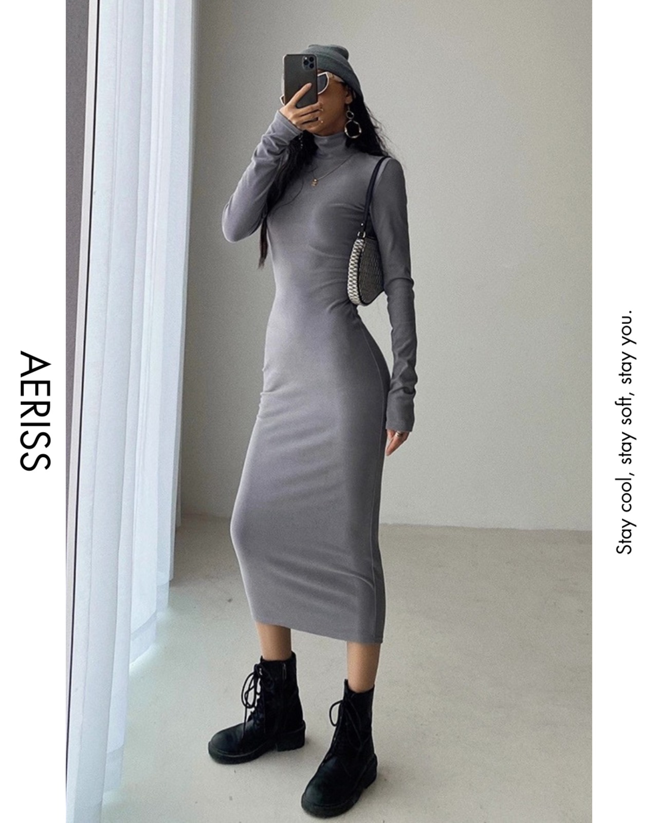 ハイネックストレッチロングワンピース 5color A0745 - 5