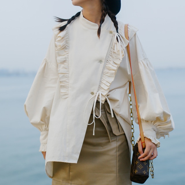 Stand collar cotton frilled shirt