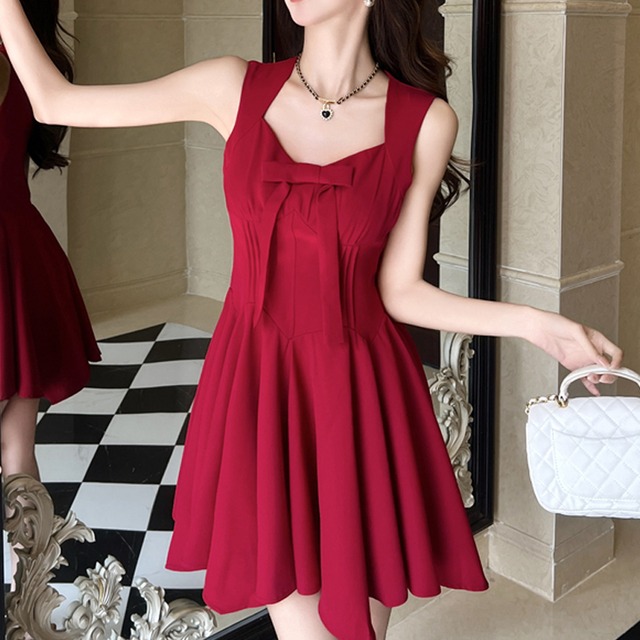 【CHERRYシリーズ】ワンピース スクエアネック 無地 Aライン レッド S M L