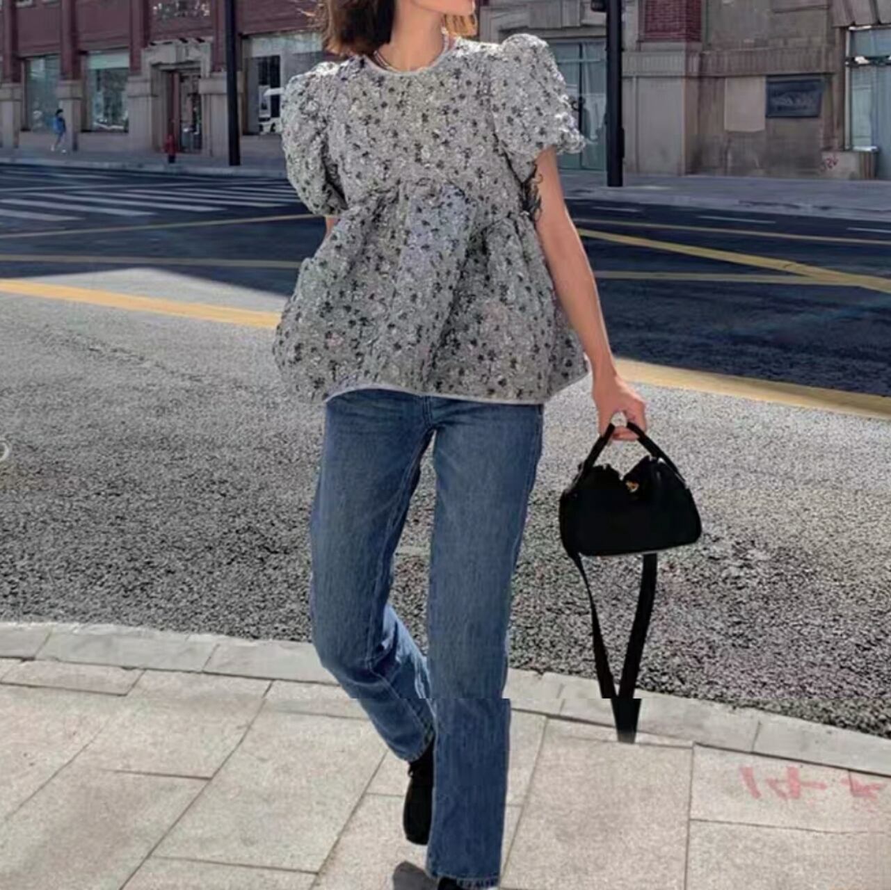 jacquard puff sleeve tops