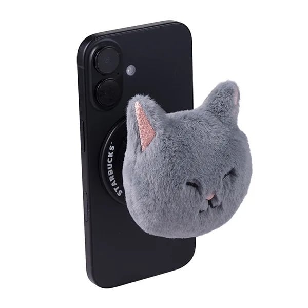 台湾スターバックス】ふわもこグレー猫のマグネット式スマホグリップ