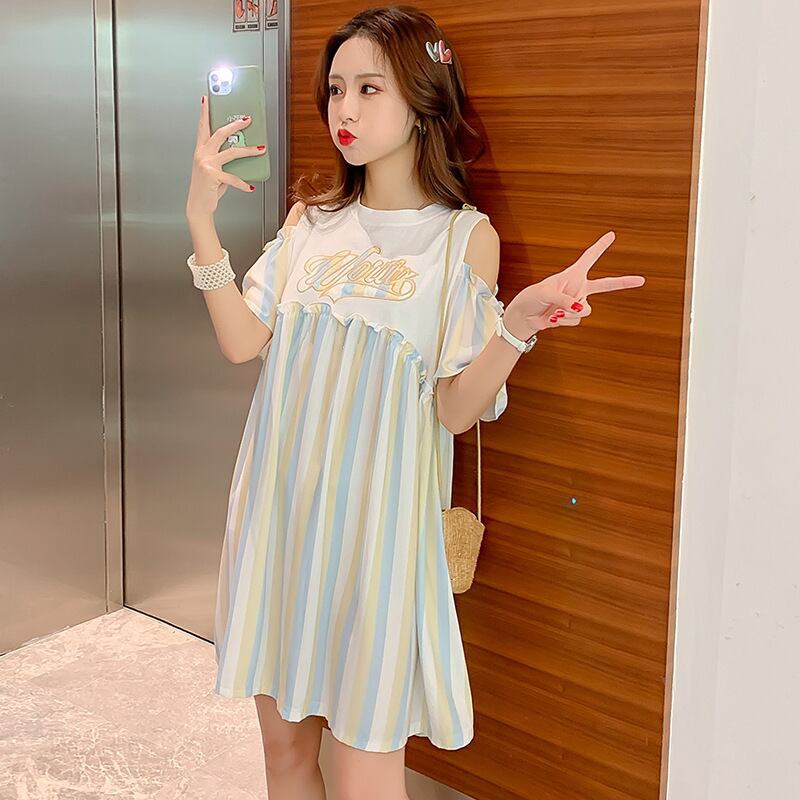 【新作】【送料無料】 マタニティウェア2020夏の新しいシフォンストライプオフショルダードレス、トレンディなマザーミドル丈、年齢を減らすマタニティドレス-アリババ サマー 夏物 expec292908501350
