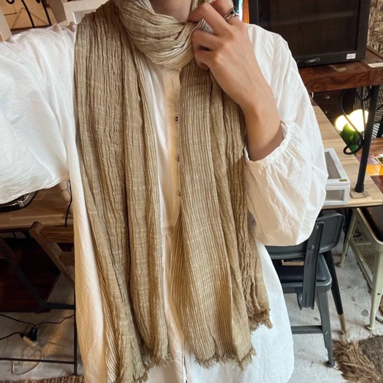 TOPANGA Accessory　Cotton & Linen Scarf Gradation Stripe Khaki コットン＆リネンスカーフ　グラデーションストライプ　カーキ　　scarf　スカーフ　